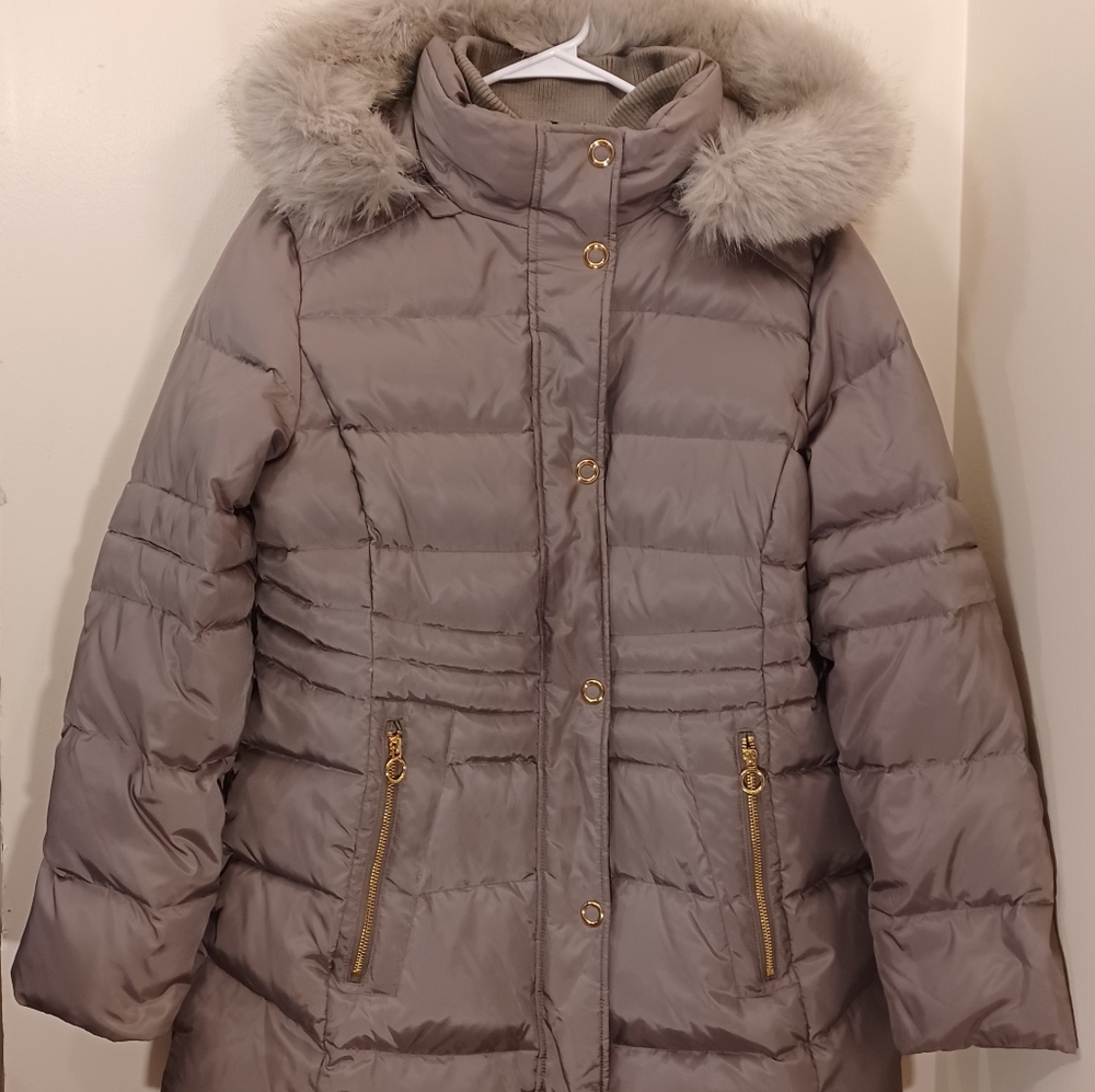 Anne Klein Lg. Goosedown Puffer Parka Removable Fur Trimmed Hood Taupe Worn Once